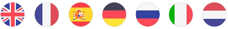 Language flags: English, Spanish, German, Russian, Italian, Dutch and French