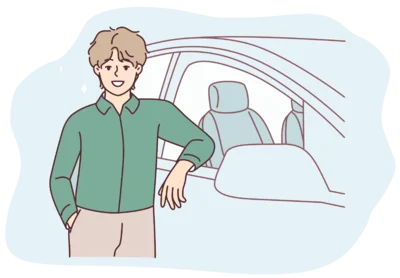 Boy standing by a car with a phone — learn languages on the go