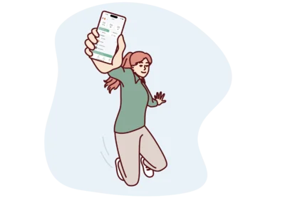 Young woman jumping joyfully with a phone — free My Words vocabulary tools