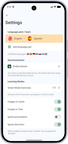 Profile on the settings screen