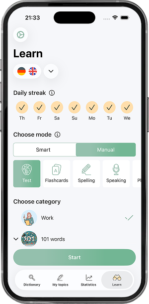 Daily learning streak and practice modes