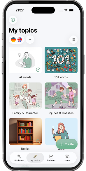 My Words topics screen on a phone